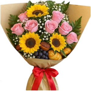 Bouquet misto com girassóis e flores delicadas