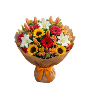 Bouquet tropical com lírios laranja e flores vibrantes